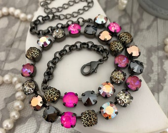 Hot Pink Crystal Tennis Jewelry, Neon Pink Necklace, Pink and Gold, Leopard Print Necklace, Pink, Black and Gold Fashion Necklace, Austrian