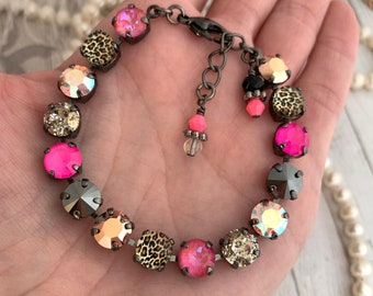 Neon Pink Leopard Bracelet, Neon Pink and Leopard Crystal Tennis Bracelet, Hot Pink and Black Stone Bracelet, Leopard Print Jewelry