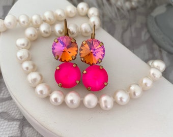 Neon Pink Drop Earrings, Hot Pink Earrings, Electric Pink Earrings, Orange and Pink Crystal Fashion Earrings,