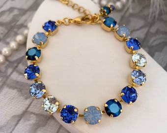 DENIM DREAMS Mixed Blue Stone Bracelet, Metallic Blue, Air Blue Opal, Sapphire Azure, Navy Rhinestone Tennis Bracelet, Denim blue Jewelry