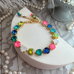 NEON SUMMER. Electric Pink and Royal Blue Crystal Tennis Bracelet Lime Green Teal Hot Pink Electric Green Multi Colored Neon Jewelry