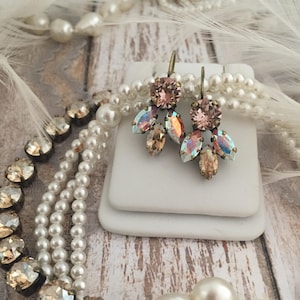 Champagne and Blush Crystal Earring, Morganite and Champagne Crystal Bridal Dangle Earrings with Navette Accent Iridescent Crystal Shimmer
