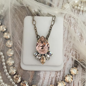 Blush Teardrop Pendant Necklace, Champagne Crystal Bridal Necklace, Navette Accent French Rose Crystal Pear Cut Bridal Pendant V Cut Jewelry image 1