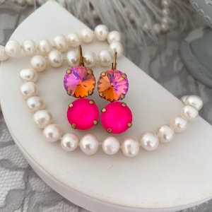 Neon Pink Drop Earrings, Hot Pink Earrings, Electric Pink Earrings, Orange and Pink Crystal Fashion Earrings,