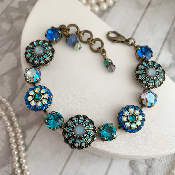Teal Blue Bracelet, Bermuda Blue, Peacock Blue Embellished Bracelet, Pacific Opal, Floral Embellished Tennis Bracelet Blue Stone Jewelry