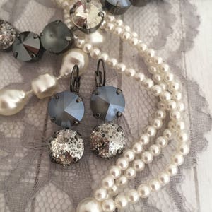 Grey and Silver Two Stone Stacked Crystal Earrings. 12mm Crystal Dangle Drop Earrings Black Crystal Fashion Earrings FEMME FATALE