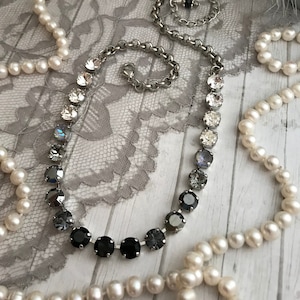 Black and Silver Ombre Crystal Tennis Necklace, DIPPED IN SHADOWS 8mm Black, Grey Clear Neutral Crystal Collet Silver Tone Austrian Crystal