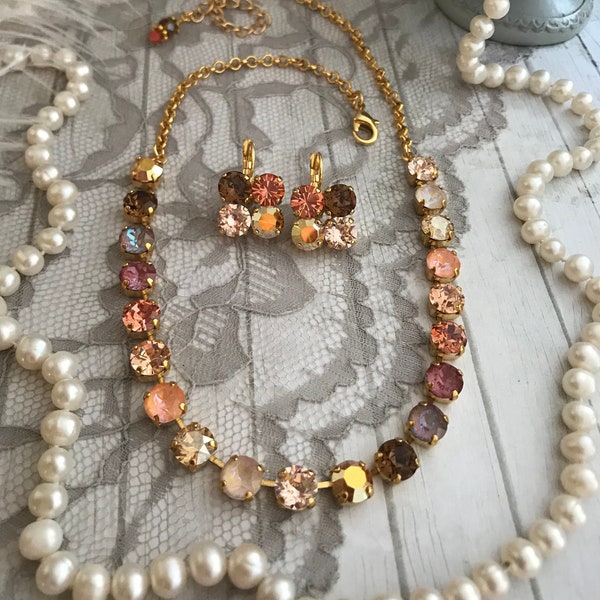 Cream, Gold and Coral Austrian Crystal and Chain Tennis Necklace, DESERT CANYON, Sienna, Metallic Gold, Ivory, Topaz Bridesmaids Jewelry