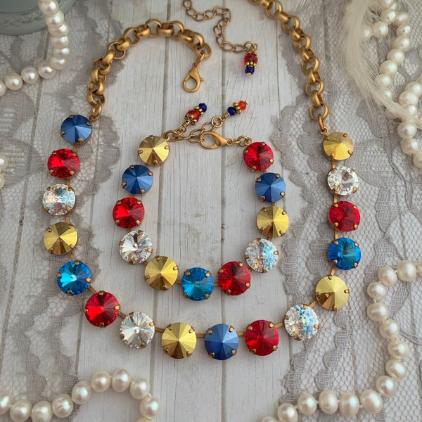 Red White and Blue Crystal and Chain Necklace, Patriotic Jewelry Red and Gold Necklace American Flag Jewelry, Royal Blue and Gold