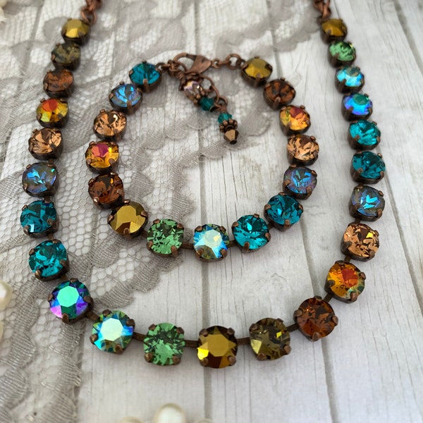 Teal and Topaz Patina Ombre Crystal Rhinestone Necklace, Fall Palette Crystal choker Necklace, Copper Patina Crystal and Chain Necklace