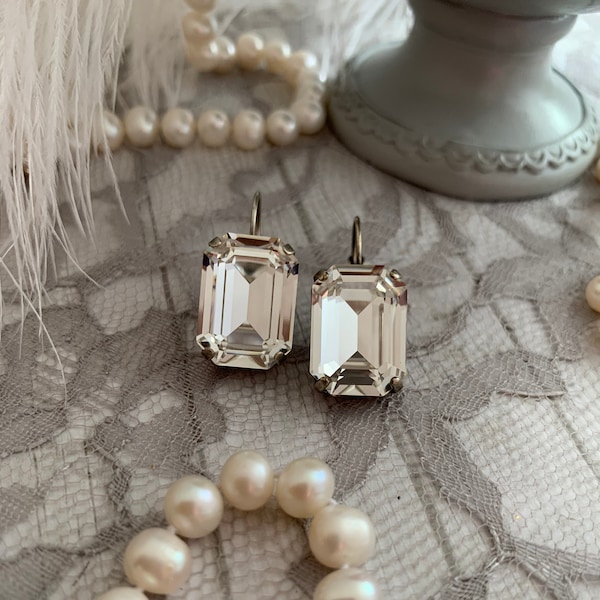 Large Emerald Cut Crystal Earrings, Rectangular Rhinestone Earrings, Clear White Crystal Bridal earring, Statement earrings Stage Jewelry