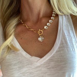 Crystal and Chain Necklace with Front toggle clasp closure and Charm Yellow Gold Crystal Tennis Necklace Oval Chain with Clear Crystal Charm