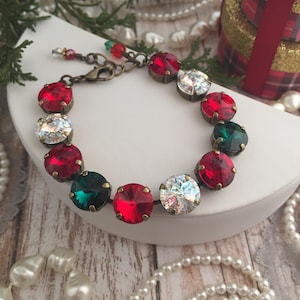 Red and Green 12mm Rivoli Crystal Tennis Bracelet, Christmas Statement Bracelet, Scarlet Bridal Jewlery, Holiday inspired Gift JOLLY