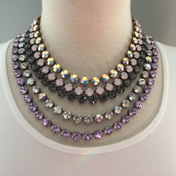 Crystal Collet Necklace Solid Colored Tennis Necklace, Rhinestone Layering Necklace, Crystal Choker Necklace, Single Strand Crystal Necklace