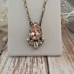 Blush Teardrop Pendant Necklace, Champagne Crystal Bridal Necklace, Navette Accent French Rose Crystal Pear Cut Bridal Pendant V Cut Jewelry image 3