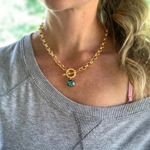Matte Gold Chain Necklace with Front Toggle Clasp Closure and Charm, Solitaire Crystal Necklace, Emerald, Teal, Peacock Blue Square Crystal