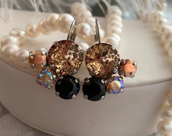 Leopard Crystal Drop Earrings, Black and Gold Fashion Earrings, Multi-Crystal Cluster Earrings, Topaz, Jet, Neutral Tone Crystal