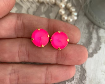 Electric Pink Earring, Neon Pink Stud Earring, Single Stone, Hot Pink Fuchsia Stud, Large Round Stone Pink Solitaire Earring, Yellow Gold