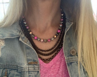 Neon Pink Jewelry, Electric Pink Necklace, Pink and Gold, Leopard Print Necklace, Pink Black Gold Fashion Necklace, Austrian Crystal Jewelry