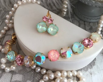 ICED SHERBERT Drop earrings Pastel Mint and Pink Stacked Crystal Earrings set in Yellow Gold, Pastel Pink, Mint and Gold watercolor earrings