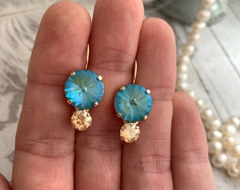 Turquoise and Champagne Crystal Drop Earring Blue Opal Rhinestone, Gold Crystal Accent, Rose a gold Bridal Earrings