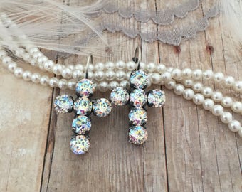 Silver tone Cross Earrings, Crystal Cross Drop Earrings, Silver and White, Faith Jewelry, Aurora Borealis and Silver Tone Cross Earring