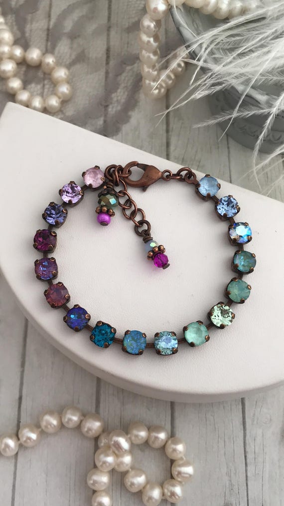 VELVET UNDERTOW 6mm petite Crystal Tennis Bracelet, Violet Orchid Aqua Ombre Gradient Color Gemstone Bracelet, Deep Plum Teal green blue