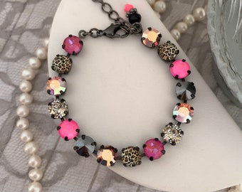 Neon Pink Leopard Bracelet, Neon Pink and Leopard Crystal Tennis Bracelet, Hot Pink and Black Stone Bracelet, Leopard Print Jewelry