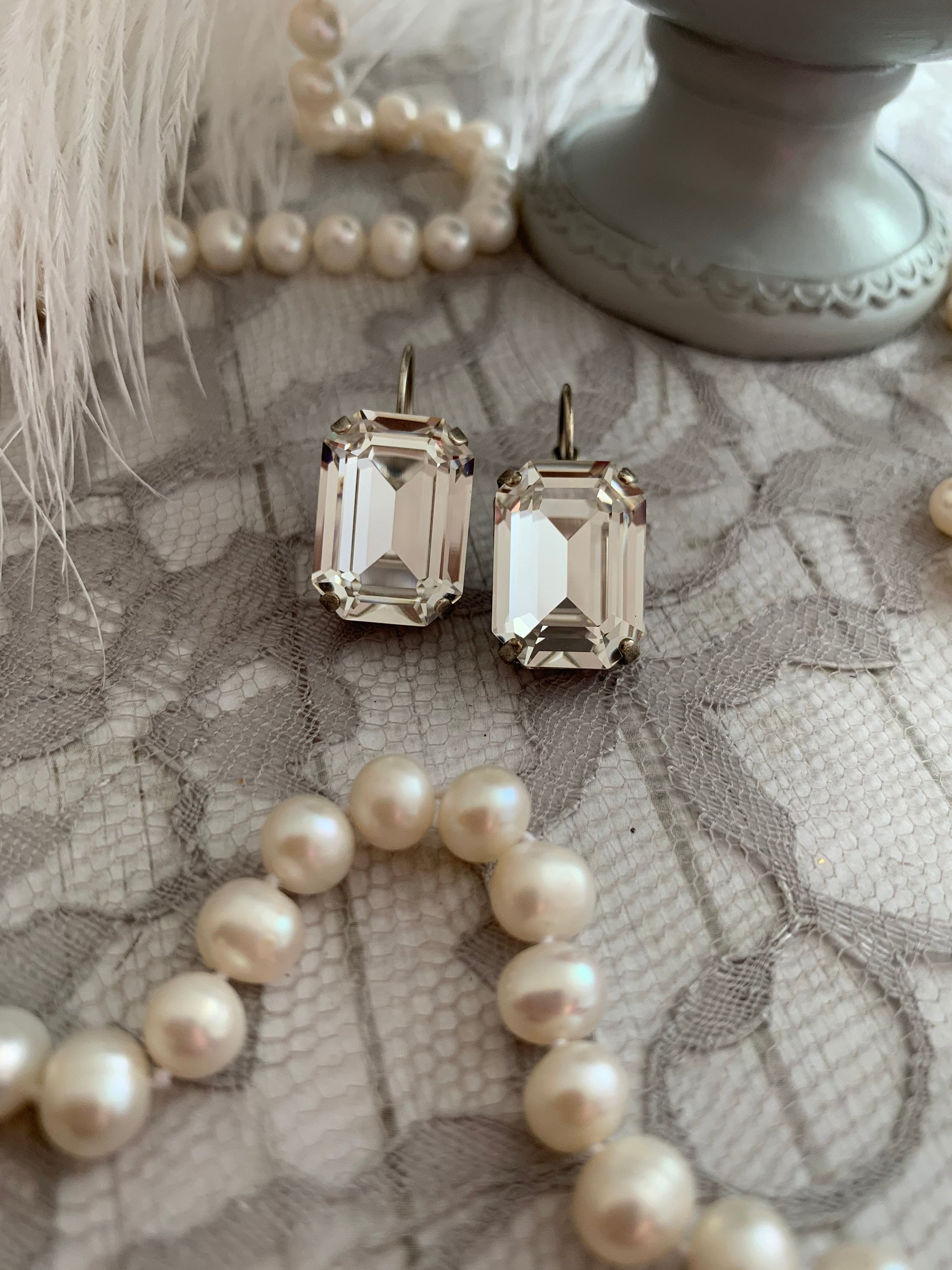 Large Emerald Cut Crystal Earrings Rectangular Rhinestone | Etsy