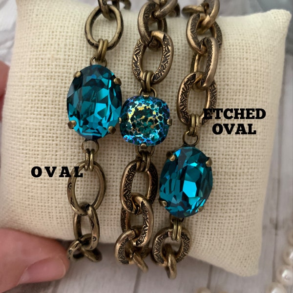 Oval Stone Chain Bracelet, Teal Crystal Bracelet, Single Stone Bracelet, Crystal Chain Bracelet, Peacock Blue Bracelet, Large Oval
