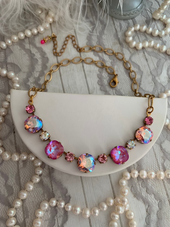 Pastel Pink Square Stone Necklace Petal Pink Raspberry Pink Rose