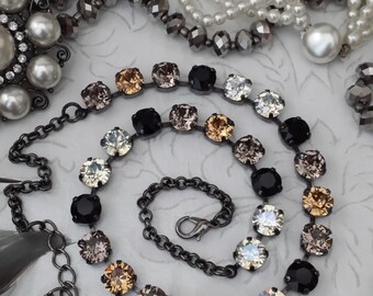 SNOW LEOPARD Black, White, Tan Crystal Necklace. Onyx and Crystal, Lt Topaz Stone Necklace, Crystal Tennis Necklace Jewelry