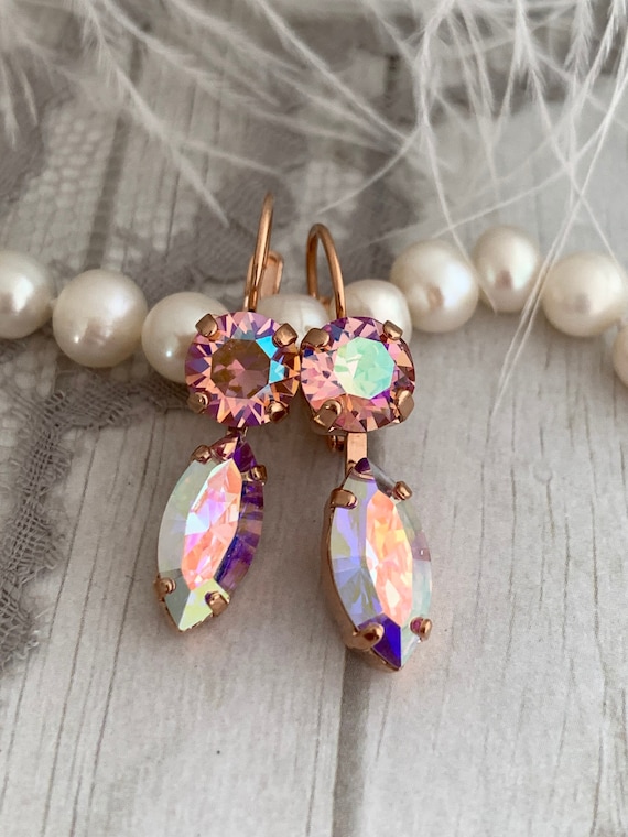 earrings for rose gold dress Iridescent Drop Earrings, Rose Drop Earrings, Pink Bridal Earrings, Crystal AB, Marquise Cut Earring, Rose Gold Bridal Jewelry bridal cz jewelry set