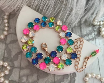 NEON SUMMER Crystal Eternity Choker Necklace, Neon Pink Teal White opal, Laguna Blue, Royal Blue Hot Pink, Electric Pink Rhinestone Necklace