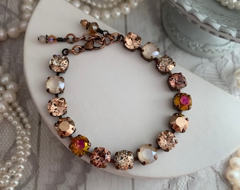 RUSTWORTHY Blush Rose and Rust Crystal Tennis Bracelet Rose Gold and Ivory Crystal Bridal Bracelet, Rose Blush Gold, Copper Sienna, Patina