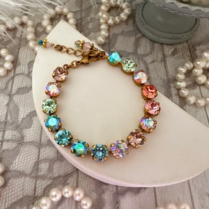 Pastel Ombre Watercolor Crystal Tennis Bracelet, Aqua Turquoise Peach Lt Rose, Gradient Color Jewelry, Austrian Crystal Round Stone Bracelet