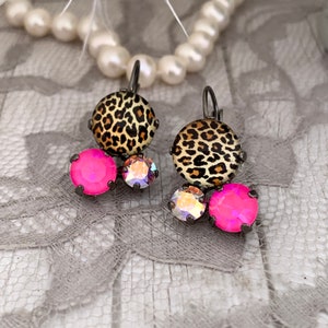 Leopard Drop Earrings, Neon Pink and Black Cluster Earrings, Crystal Aurora Borealis, Animal Print Dangle Earrings, Mixed Crystal Size Drop