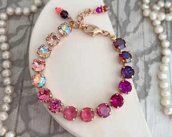 Pink Ombre Crystal Tennis Bracelet, Rose, Burgundy,