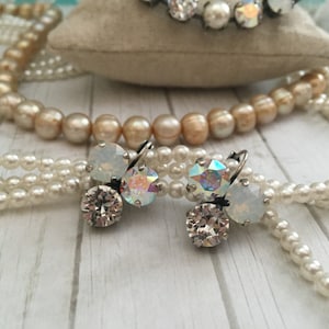 Clear White Opal and Iridsence earring, 3 stone Crystal Drop Earrings, Silver Tone Neutral Everyday Earring, White Crystal and Opal