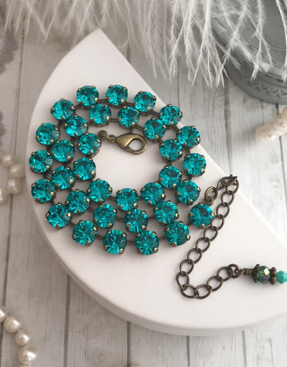 PEACOCK TEAL 8mm Austrian Crystal Tennis Necklace Teal Blue