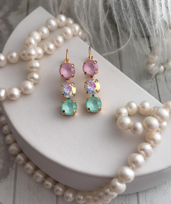 COTTON CANDY Crush linear drop earrings, Pastel Earrings, Mint and Pink Earrings, Crystal Transmision, AB Shimmer Earrings Long line earring