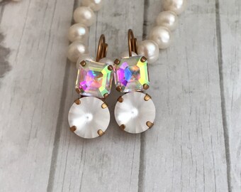 Iridescent and White Matte Crystal Drop Earrings Imperial Cut and Round Stone Dangle Earrings Crystal AB Bridal Earring Square Shimmer Stone