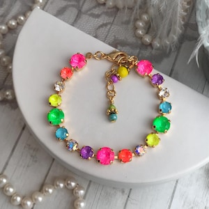 TALK NEON To ME Electric Rainbow Crystal tennis Bracelet, Yellow Gold graduated stone Tennis Bracelet, Neon Multi colored Crystal Bracelet