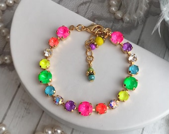TALK NEON To ME Electric Rainbow Crystal tennis Bracelet, Yellow Gold graduated stone Tennis Bracelet, Neon Multi colored Crystal Bracelet