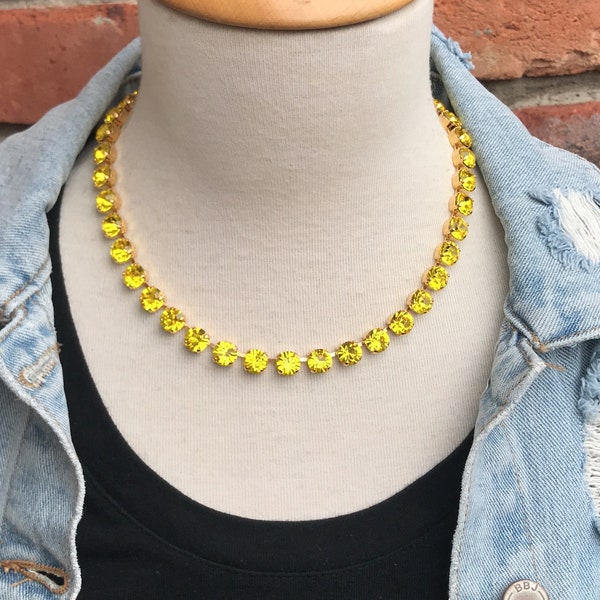 HAPPY! 8mm Solid Canary Yellow Crystal Choker Necklace, Lemon, Lt Topaz, Citrine Buttercup, Sunflower Bright Yellow Crystal Tennis Necklace