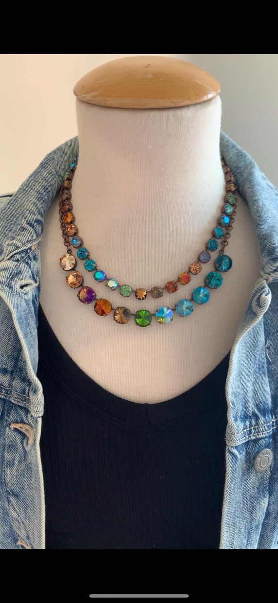 TEAL and TOPAZ Patina Ombre Austrian Crystal Tennis Necklace, Blue