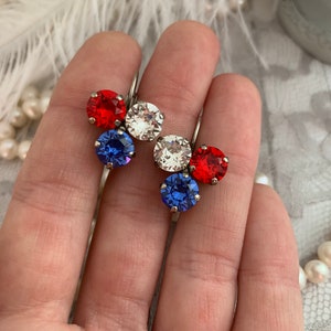 Red White and Blue Crystal Earring, cluster earring, Patriotic Jewelry, Fourth If July Earring, Three Stone Earring, American Flag Earrings
