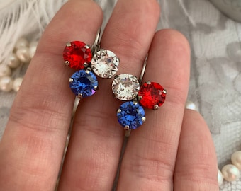 Red White and Blue Crystal Earring, cluster earring, Patriotic Jewelry, Fourth If July Earring, Three Stone Earring, American Flag Earrings