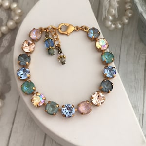 VINTAGE WATERCOLOR Pale Sky blue, Sage Green Dusty pink, Pastel Yellow Smokey Grey Spring Inspired Genuine Swarovski Crystal Tennis Bracelet