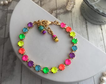 TALK NEON to ME 6mm Neon multi-colored Crystal Tennis Bracelet, Neon Rainbow Aesthetic Bracelet, Electric Pink and Green Electric Yellow